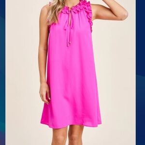 Entro (Size S) Hot Pink Ruffle Trim Front Tie Keyhole Tunic Dress